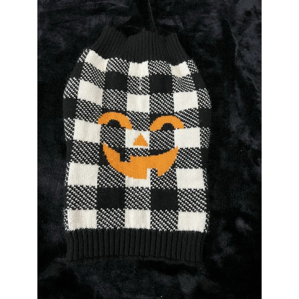 Halloween Cat‎ Dog Pet Clothing  Black White Plaid Jack-O-Lantern Sweater Size L
